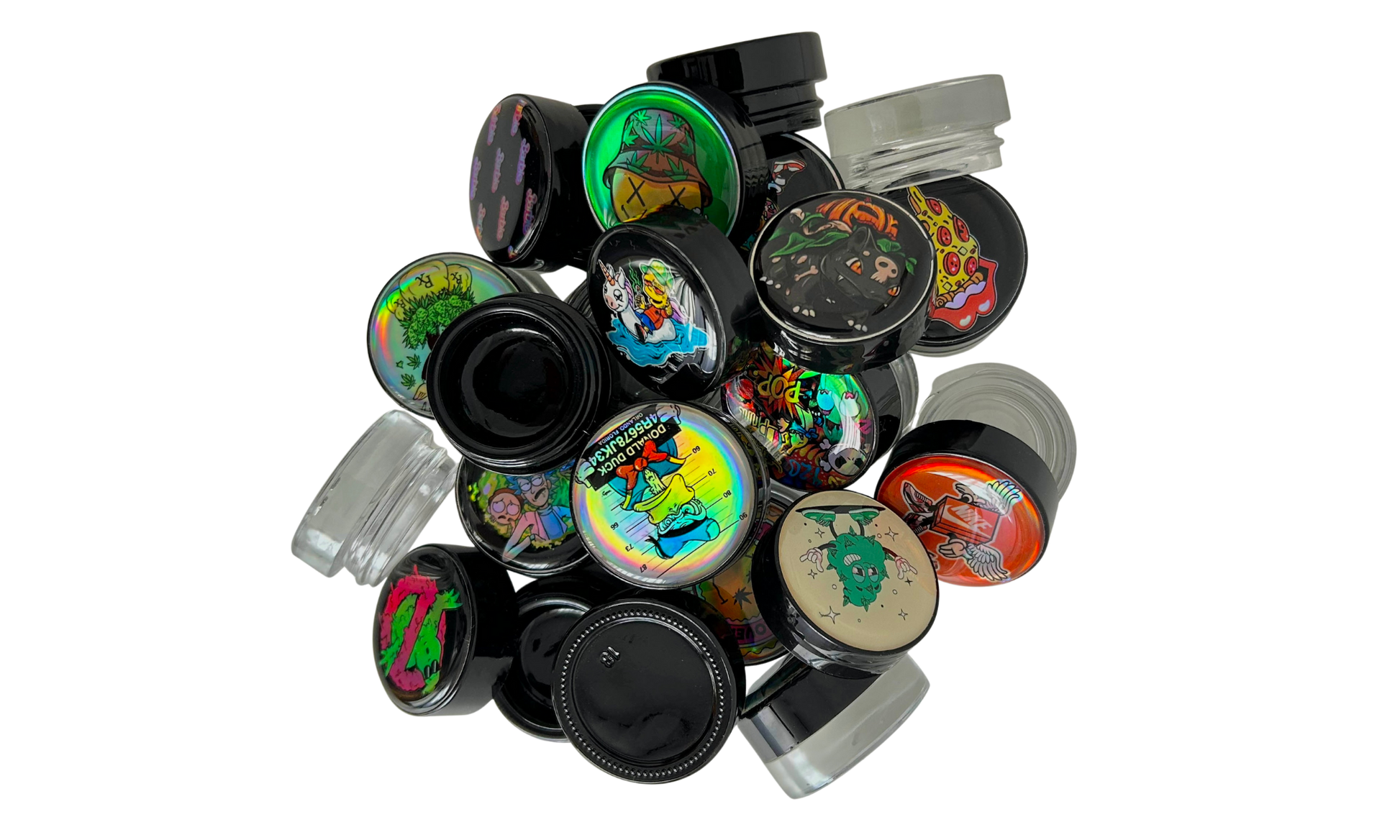 Pack de 15 tarros de vidrio 5ml con logos holográficos y gota de resina Beetle Print