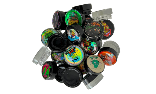 Pack de 15 tarros de vidrio 5ml con logos holográficos y gota de resina Beetle Print