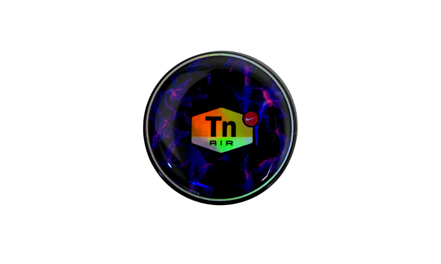 Tarro de vidrio de 5 ml con logo DIR eléctrico azul y acabado en resina premium detalle de Beetle Print
