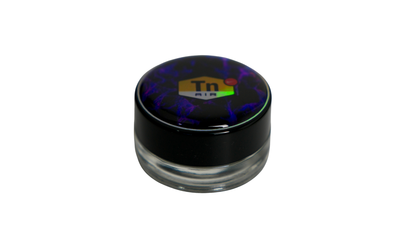 Tarro de vidrio de 5 ml con logo DIR eléctrico azul y acabado en resina premium lateral de Beetle Print