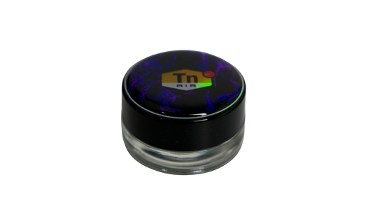 Tarro de vidrio de 5 ml con logo DIR eléctrico azul y acabado en resina premium lateral de Beetle Print