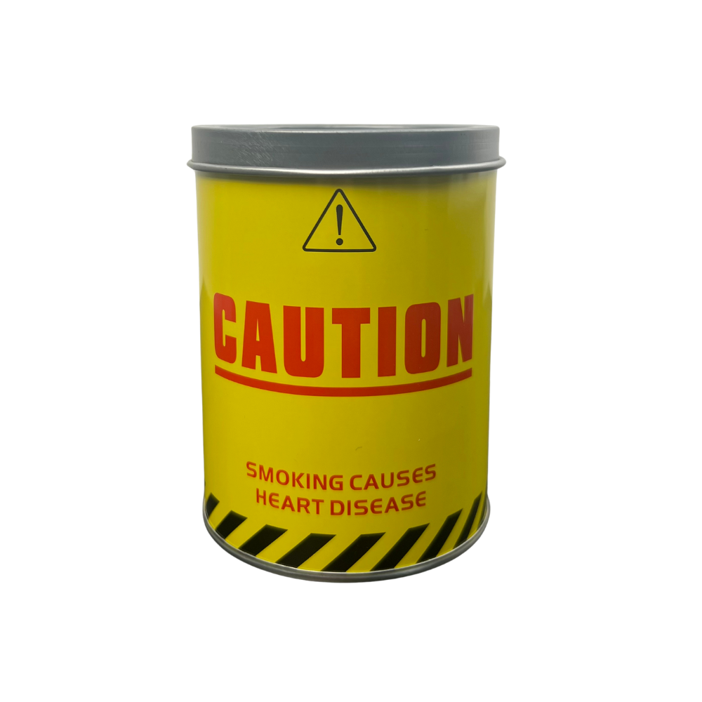 Cenicero metálico industrial amarillo con diseño advertencia tipo caution