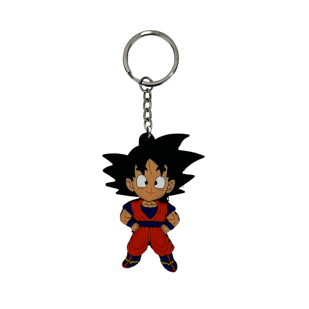 Llavero de silicona con guerrero estilo anime retro cabello negro y traje naranja