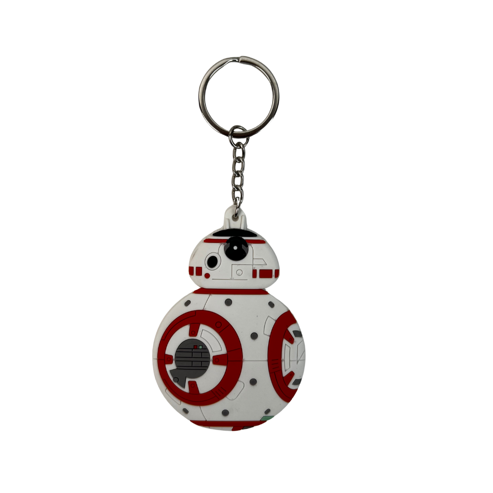 Llavero de silicona con mini robot esférico futurista blanco y rojo estilo ciencia ficción
