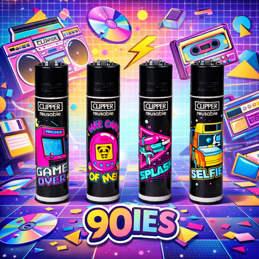 Pack de 4 mecheros Clipper 90IES con diseños retro inspirados en la cultura pop de los años 90