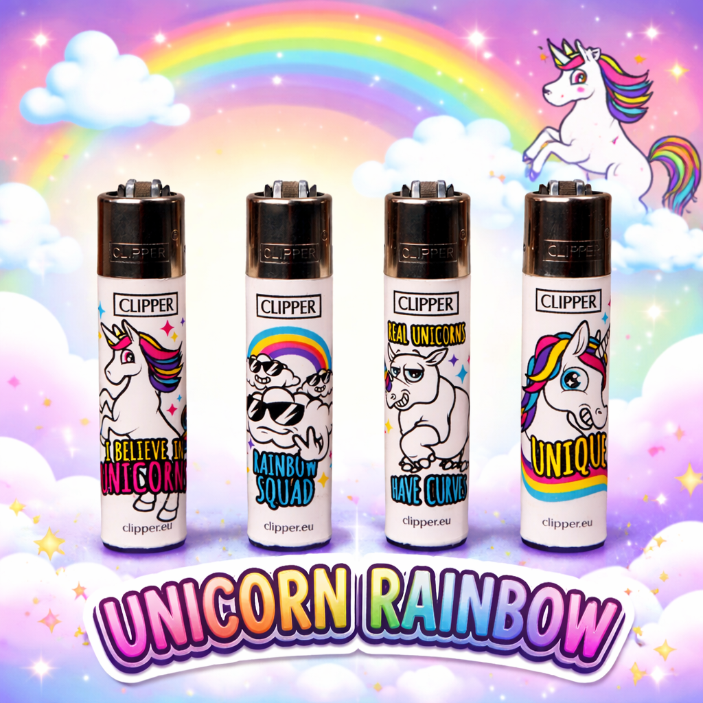 Pack de 4 mecheros Clipper Unicorn Rainbow con diseños coloridos de unicornio y arcoíris