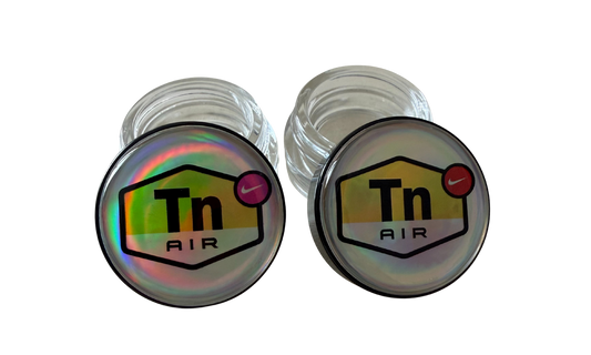 Pack de 2 tarros de vidrio 5ml con logo DIR holográfico punto rosa y punto rojo con gota de resina epoxi vidrio transparente abiertos