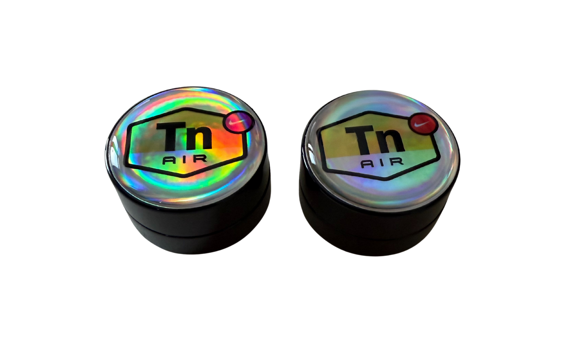 Pack de 2 tarros de vidrio 5ml con logo DIR holográfico punto rosa y punto rojo con gota de resina epoxi negros cerrados