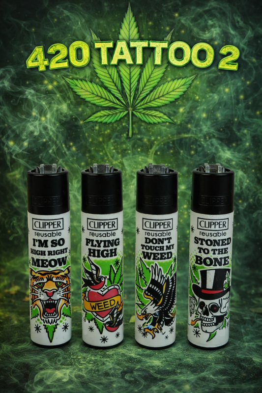 Pack de 4 mecheros Clipper reutilizables con diseño 420 Tattoo
