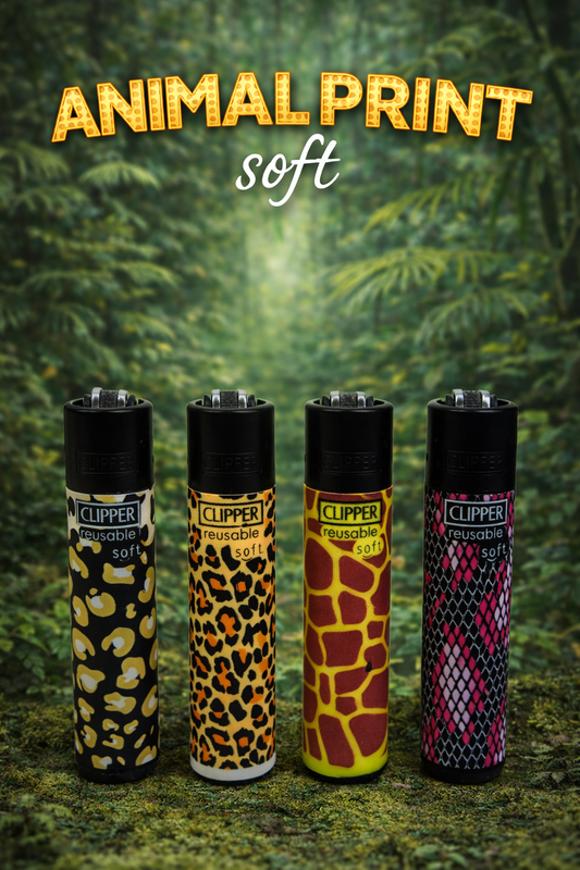 Pack de 4 mecheros Clipper reutilizables Animal Print Soft 2 con acabado soft touch
