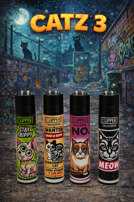 Pack de 4 mecheros Clipper reutilizables Catz 3 con diseños de gatos
