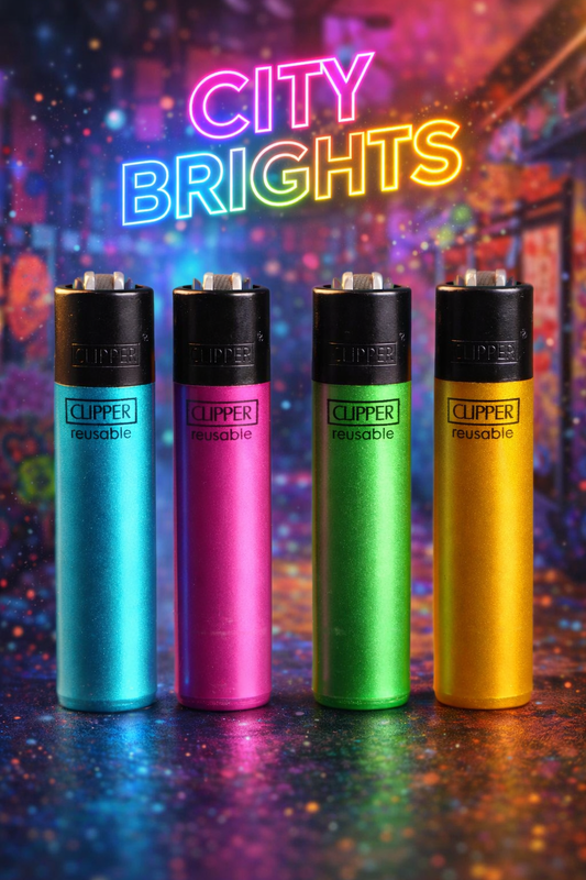 Pack de 4 mecheros Clipper reutilizables City Brights con acabado metálico brillante
