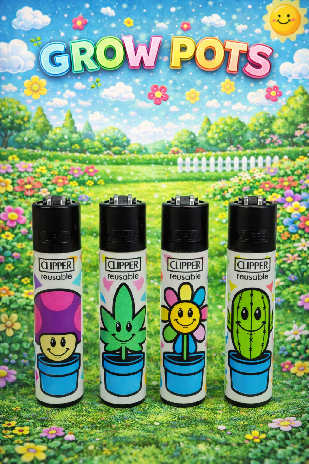 Pack de 4 mecheros Clipper reutilizables Grow Pots con diseños de plantas en maceta
