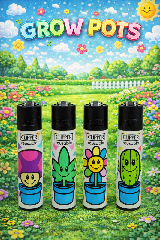 Pack de 4 mecheros Clipper reutilizables Grow Pots con diseños de plantas en maceta
