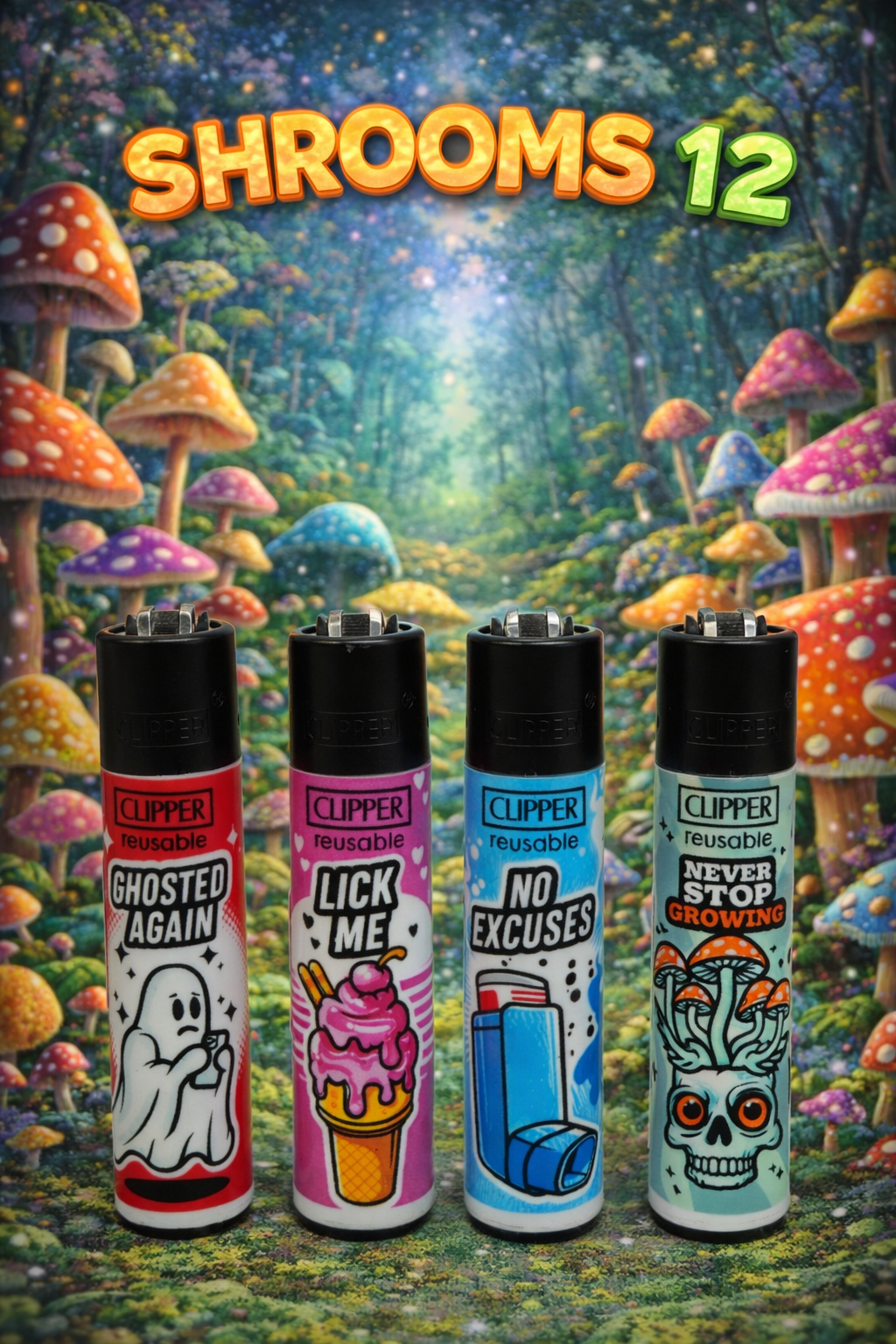 Pack de 4 mecheros Clipper reutilizables Shrooms 12 con diseños psicodélicos
