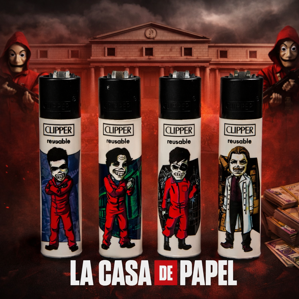 Pack 4 Mecheros Clipper Artistas de La Casa de Papel 1 – Colección Roja (Recargables + Piedra)