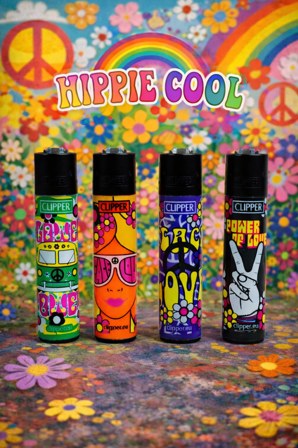 Pack 4 mecheros Clipper Hippie Cool colección psicodélica recargables