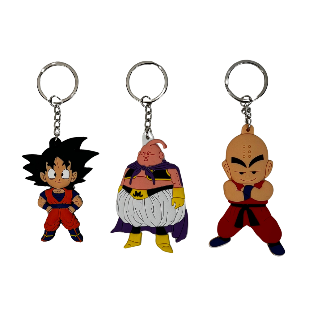 Pack de 3 llaveros estilo anime retro con luchadores y villano fantasía en silicona