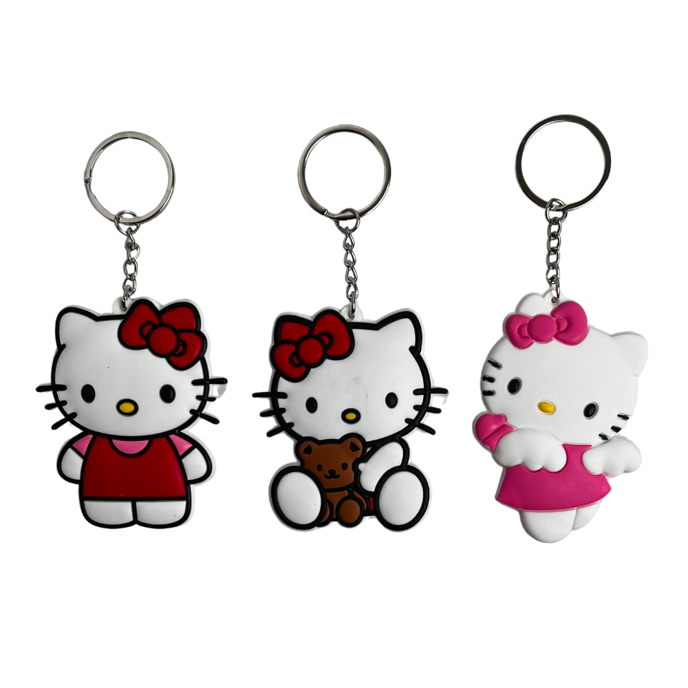 Pack de 3 llaveros de gatita estilo kawaii con lazo en rojo y rosa