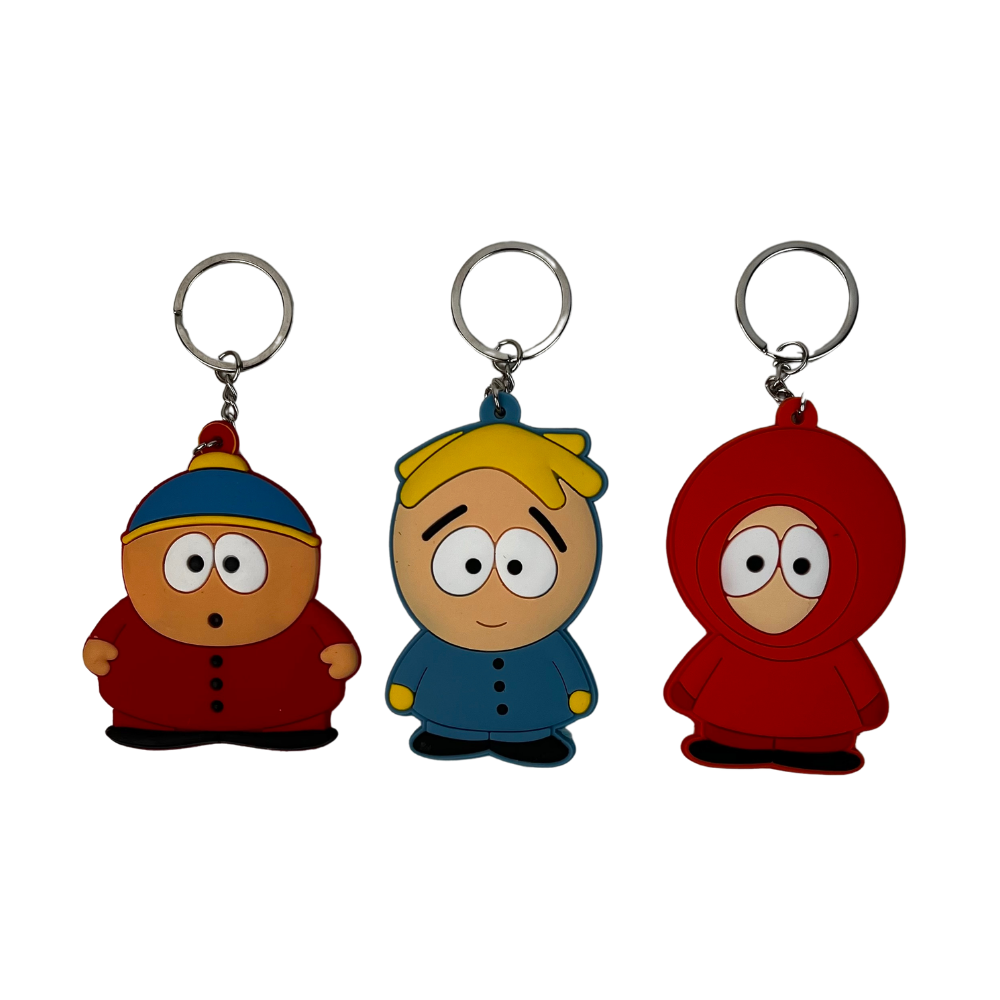 Pack de 3 llaveros de silicona estilo animado en colores rojo, azul y amarillo para llaves y mochila