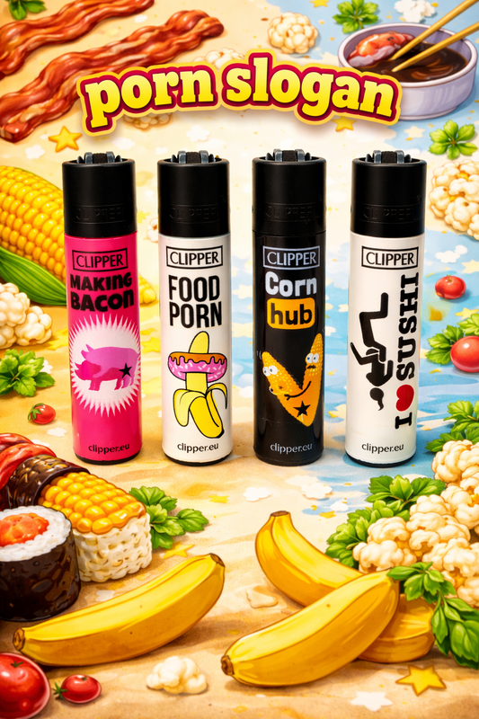 Pack de 4 mecheros Clipper con diseños porn slogan y humor food porn, incluyendo Food Porn, Corn Hub, Making Bacon e I Love Sushi
