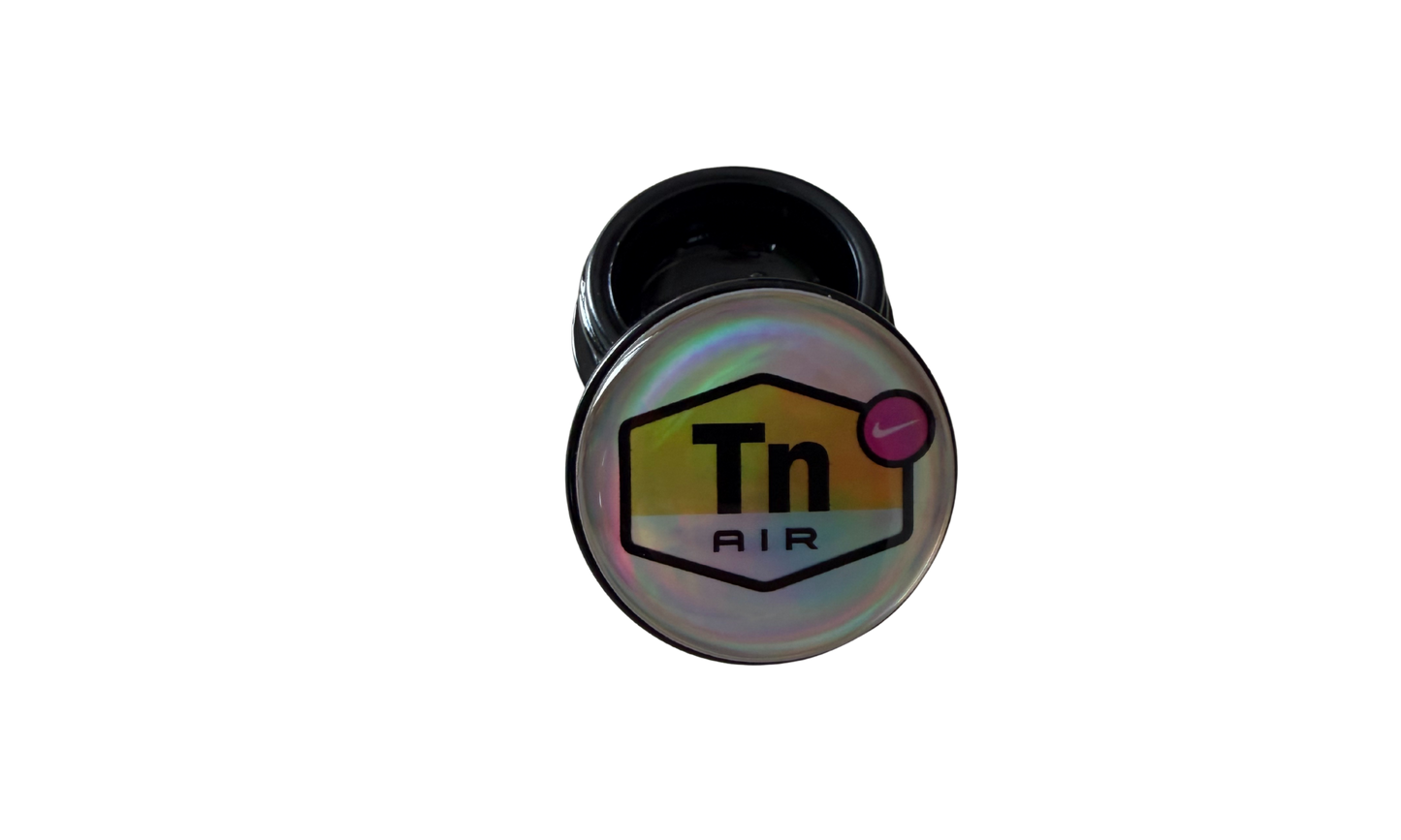 Tarro de vidrio 5ml con logo DIR holográfico y gota de resina epoxi efecto relieve vidrio negro