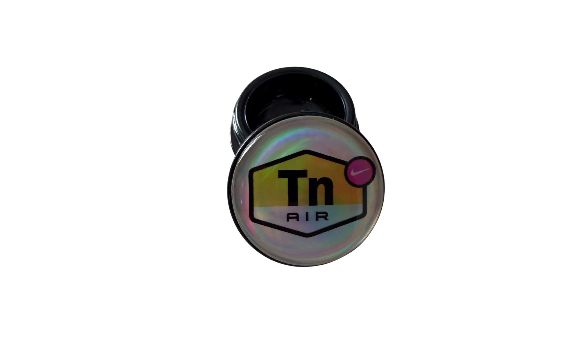 Tarro de vidrio 5ml con logo DIR holográfico y gota de resina epoxi efecto relieve vidrio negro