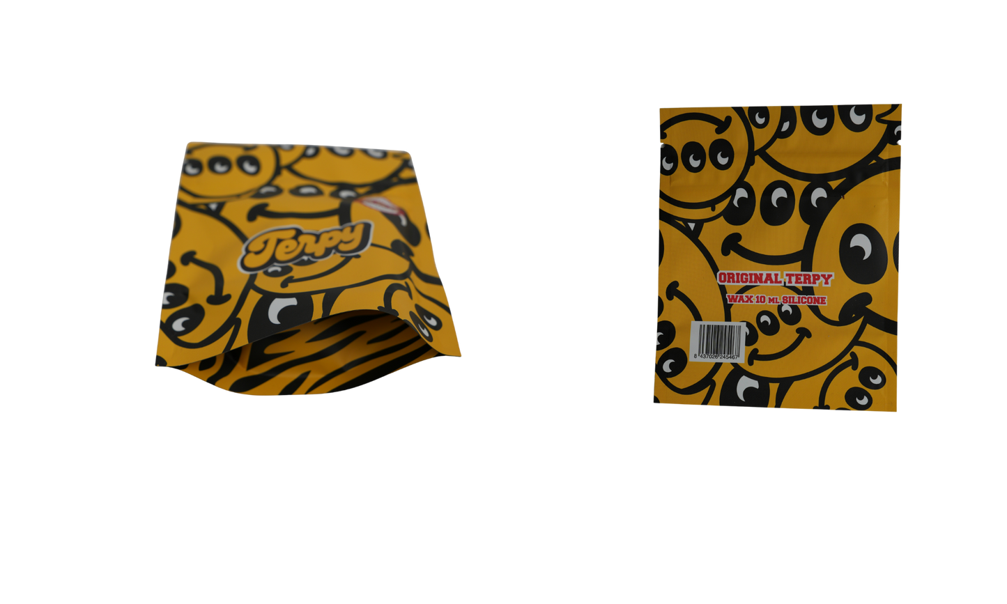 Bolsa Terpy amarilla con diseño smiley y logo Terpy, packaging edición limitada.