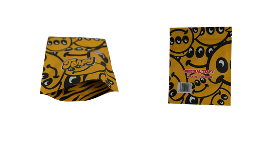 Bolsa Terpy amarilla con diseño smiley y logo Terpy, packaging edición limitada.
