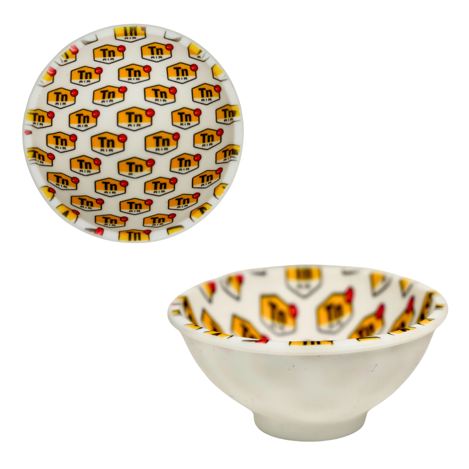 Bowl de silicona blanco con estampado repetido multicolor, flexible, resistente al calor y fácil de limpiar