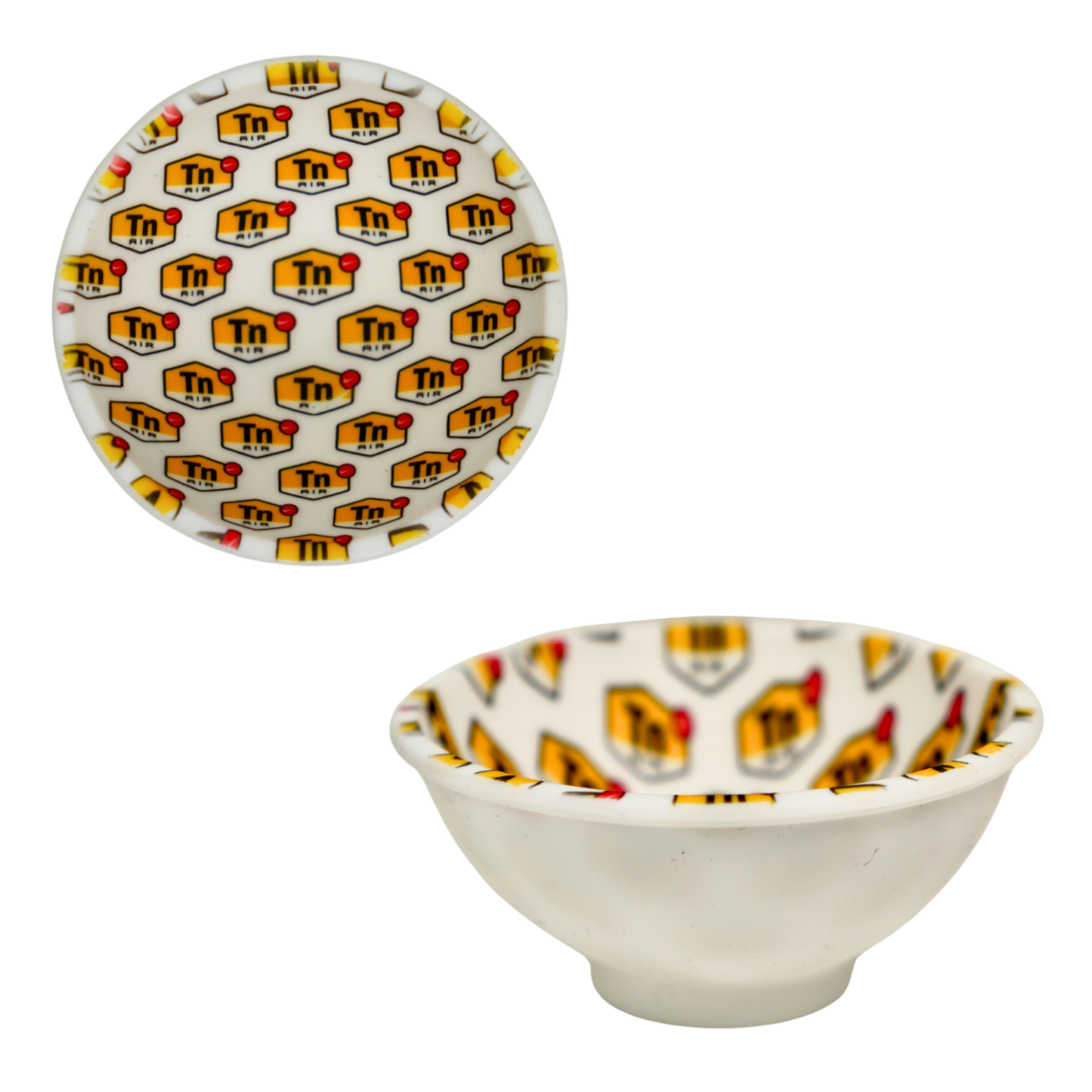 Bowl de silicona blanco con estampado repetido multicolor, flexible, resistente al calor y fácil de limpiar