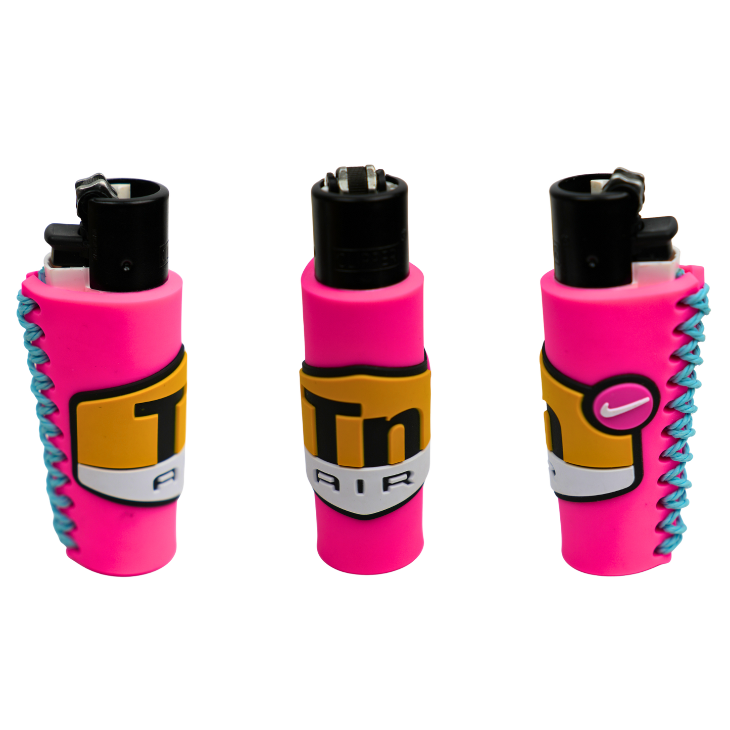 Funda de mechero de silicona en color rosa y amarillo con agarre lateral, diseño antideslizante para encendedor tipo clipper