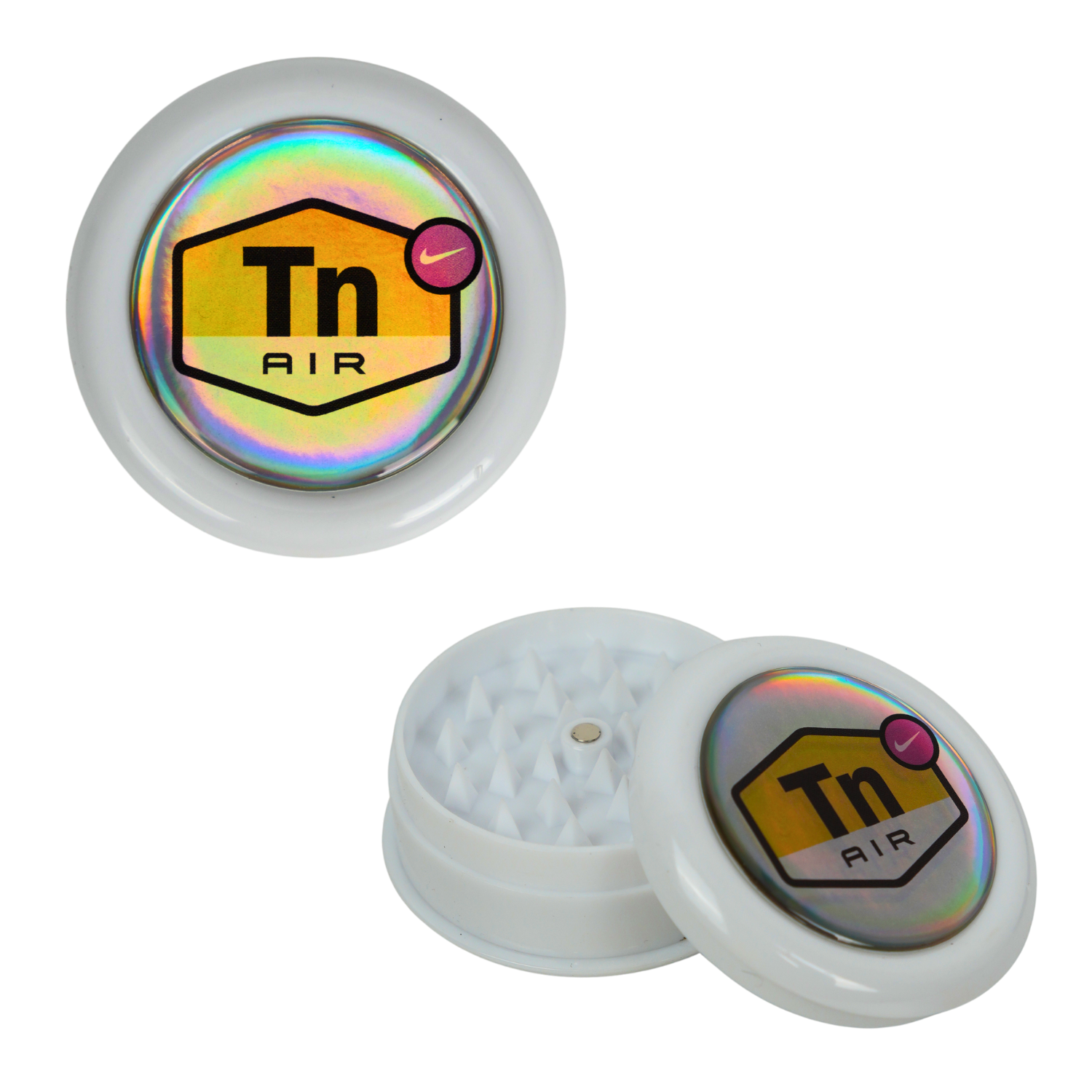 Grinder de plástico blanco con logo estilo Air, diseño compacto con dientes interiores para triturado