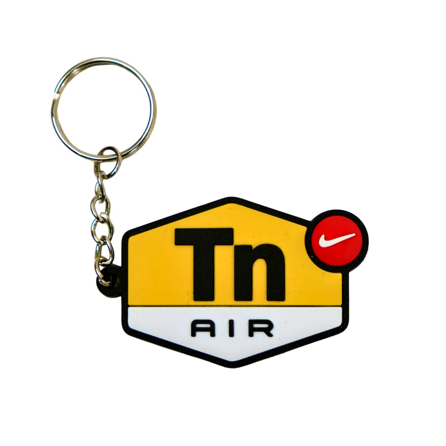 Llavero de goma en color amarillo con diseño tipo logo urbano, accesorio resistente para llaves