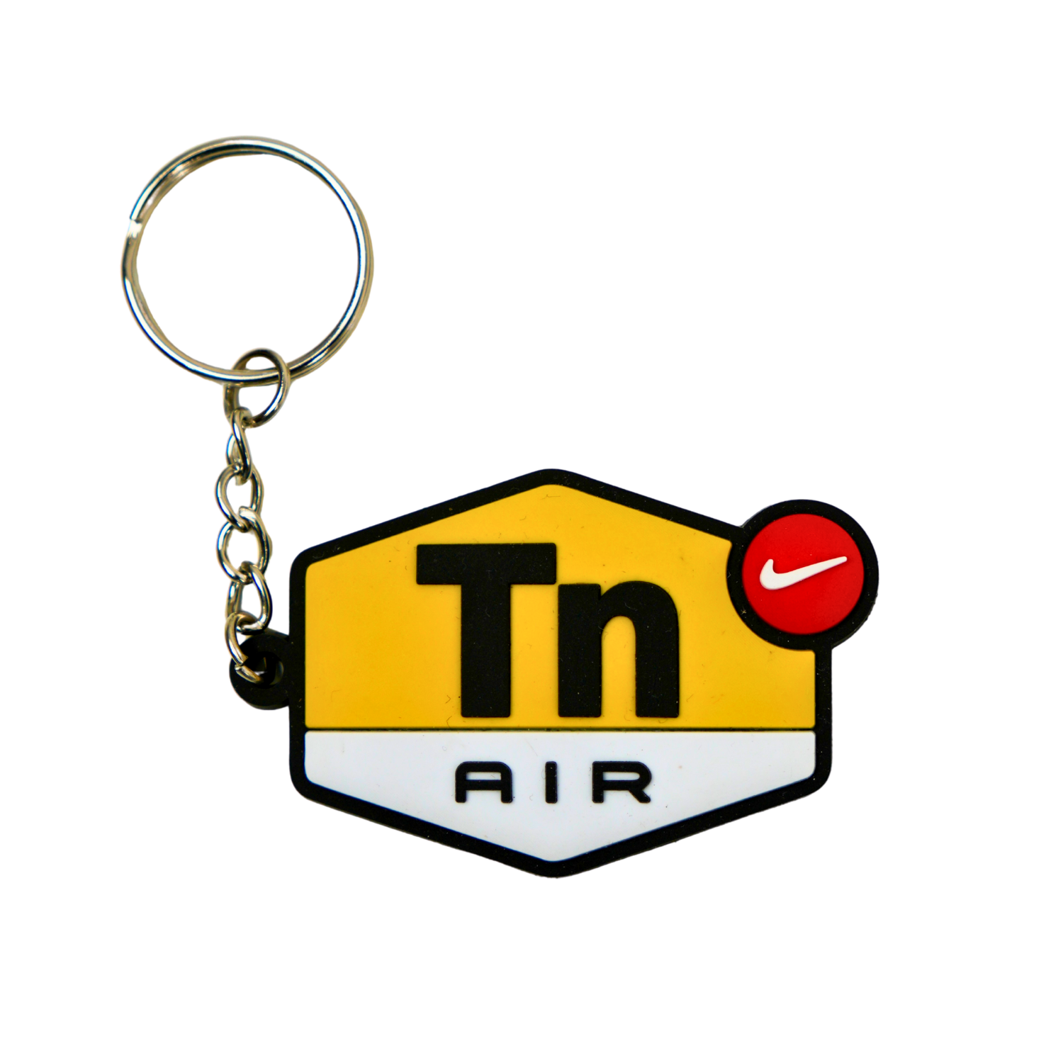 Llavero de silicona amarillo y negro con diseño llamativo, flexible, ligero y resistente para uso diario