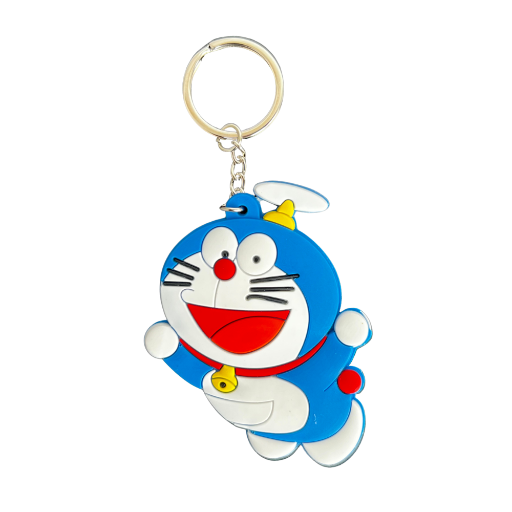 Llavero de silicona personaje azul estilo cartoon volando con hélice y anilla metálica