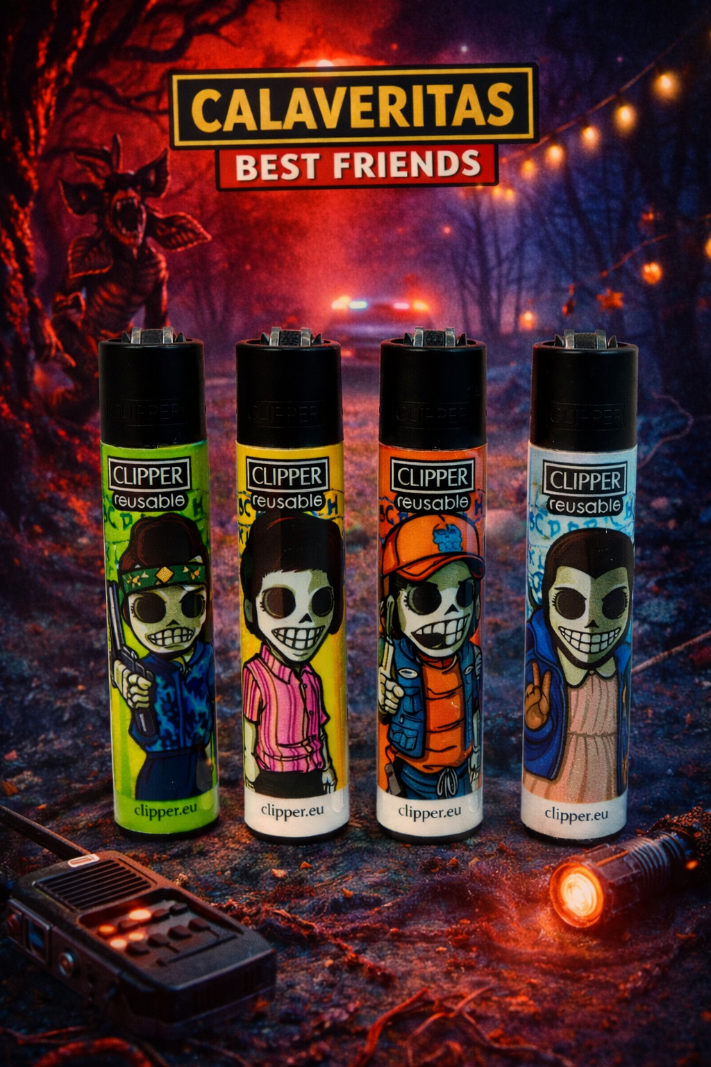 Pack de 4 mecheros Clipper reutilizables con diseño Calaveritas Best Friends
