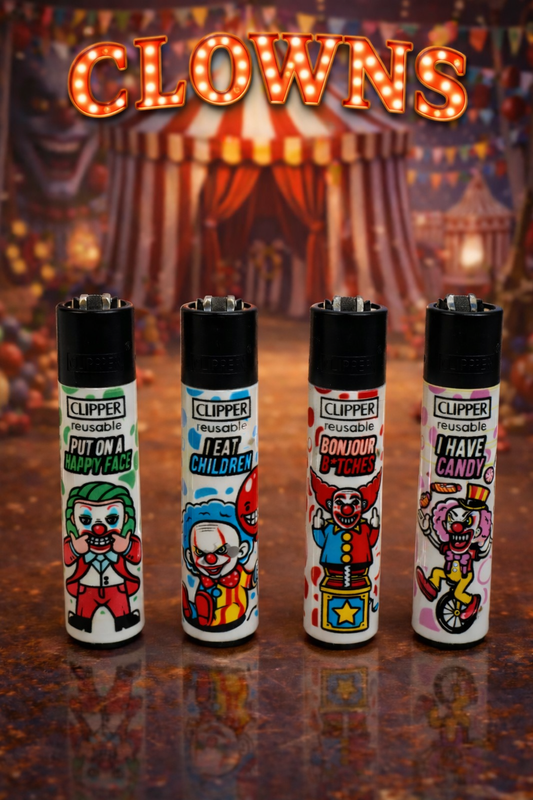 Pack de 4 mecheros Clipper Clowns con diseños de payasos estilo circo oscuro
