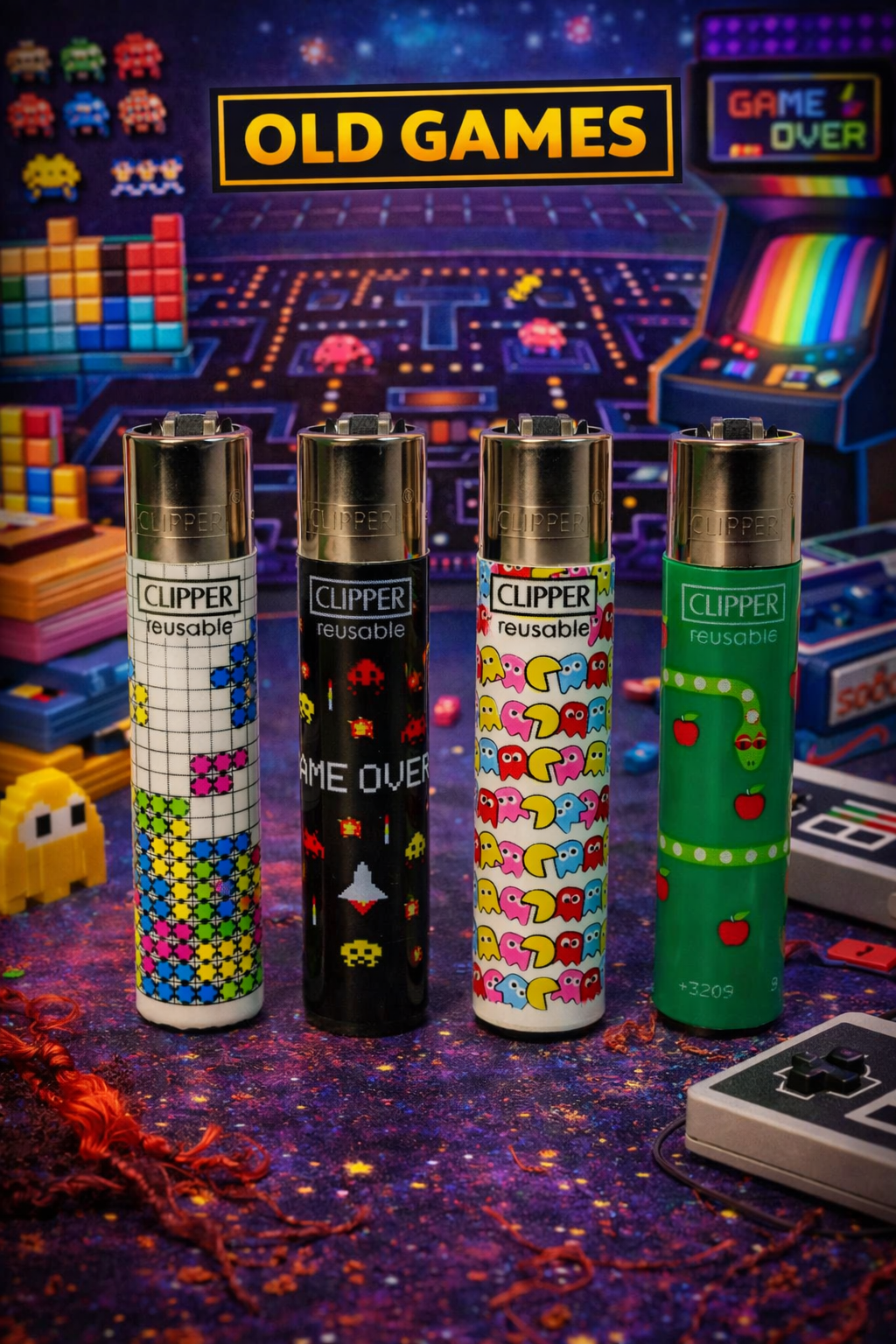 Pack de 4 mecheros Clipper reutilizables con diseños retro arcade y videojuegos clásicos
