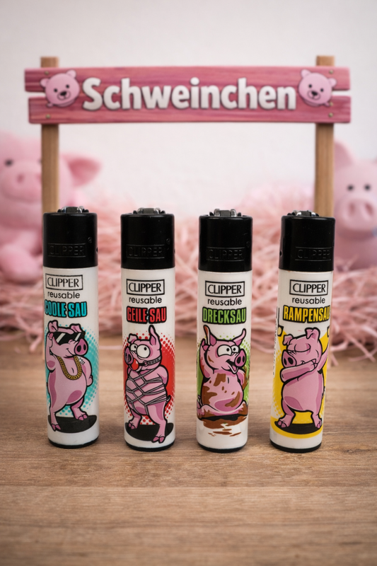 Pack de 4 mecheros Clipper Schweinchen con ilustraciones de cerdos