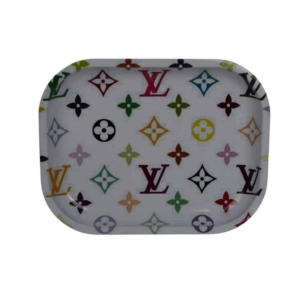 Bandeja metálica con patrón geométrico multicolor y defecto de impresión visible, formato 18x14 cm, vendida en pack de 50 unidades vista horizontal