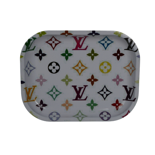 Bandeja metálica con patrón geométrico multicolor y defecto de impresión visible, formato 18x14 cm, vendida en pack de 50 unidades vista horizontal