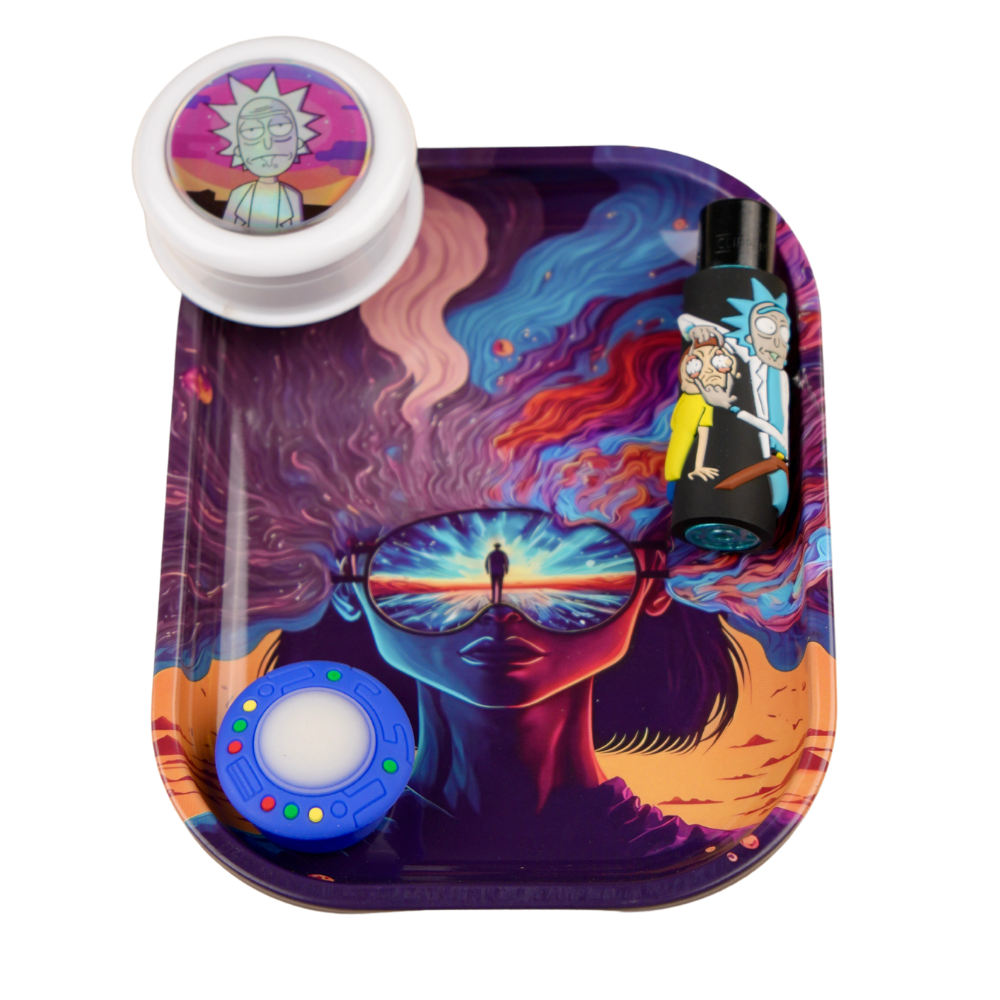 Pack de accesorios Beetle Print con bandeja de arte psicodélico, recipiente de silicona inspirado en un ovni, grinder blanco con resina holográfica y funda para mechero con ilustración colorida