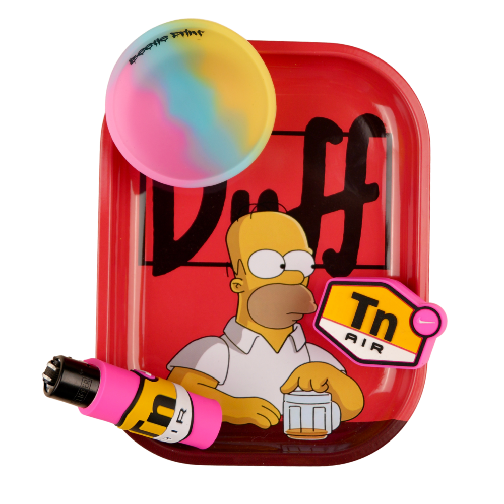 Pack de accesorios Beetle Print con bandeja roja diseño Duff, bowl de silicona multicolor, recipiente de silicona con logo DIR y funda rosa para mechero personalizada