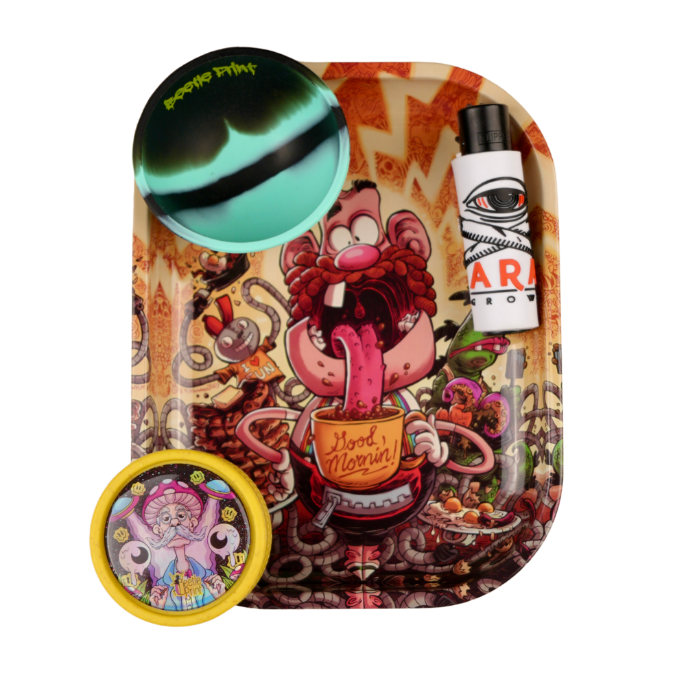 Pack de accesorios Beetle Print con bandeja de ilustración artística, bowl de silicona efecto mármol, grinder con resina holográfica y funda para mechero personalizada Ara Grow