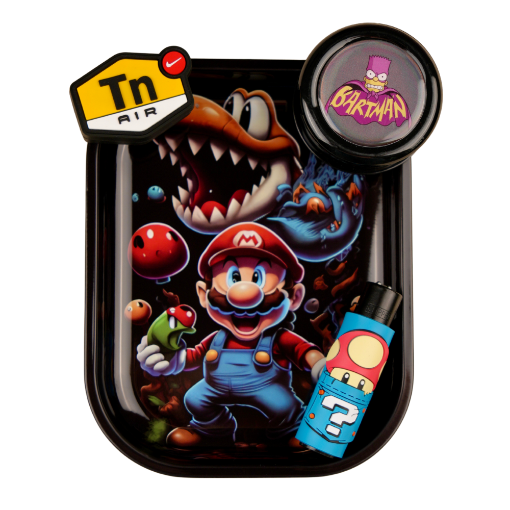 Pack de accesorios Beetle Print con bandeja de estilo videojuego retro, recipiente de silicona decorativo, grinder con acabado de resina holográfica y funda para mechero con diseño colorido inspirado en juegos clásicos