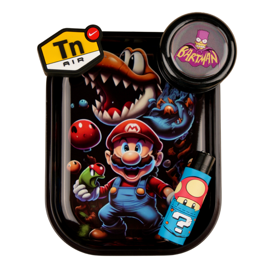 Pack de accesorios Beetle Print con bandeja de estilo videojuego retro, recipiente de silicona decorativo, grinder con acabado de resina holográfica y funda para mechero con diseño colorido inspirado en juegos clásicos
