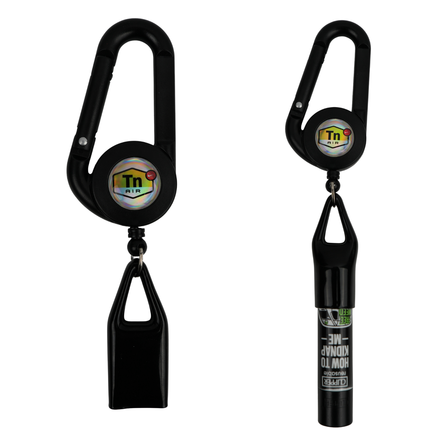 Porta mechero retráctil negro con mosquetón y sistema extensible, práctico para llevar y evitar pérdidas