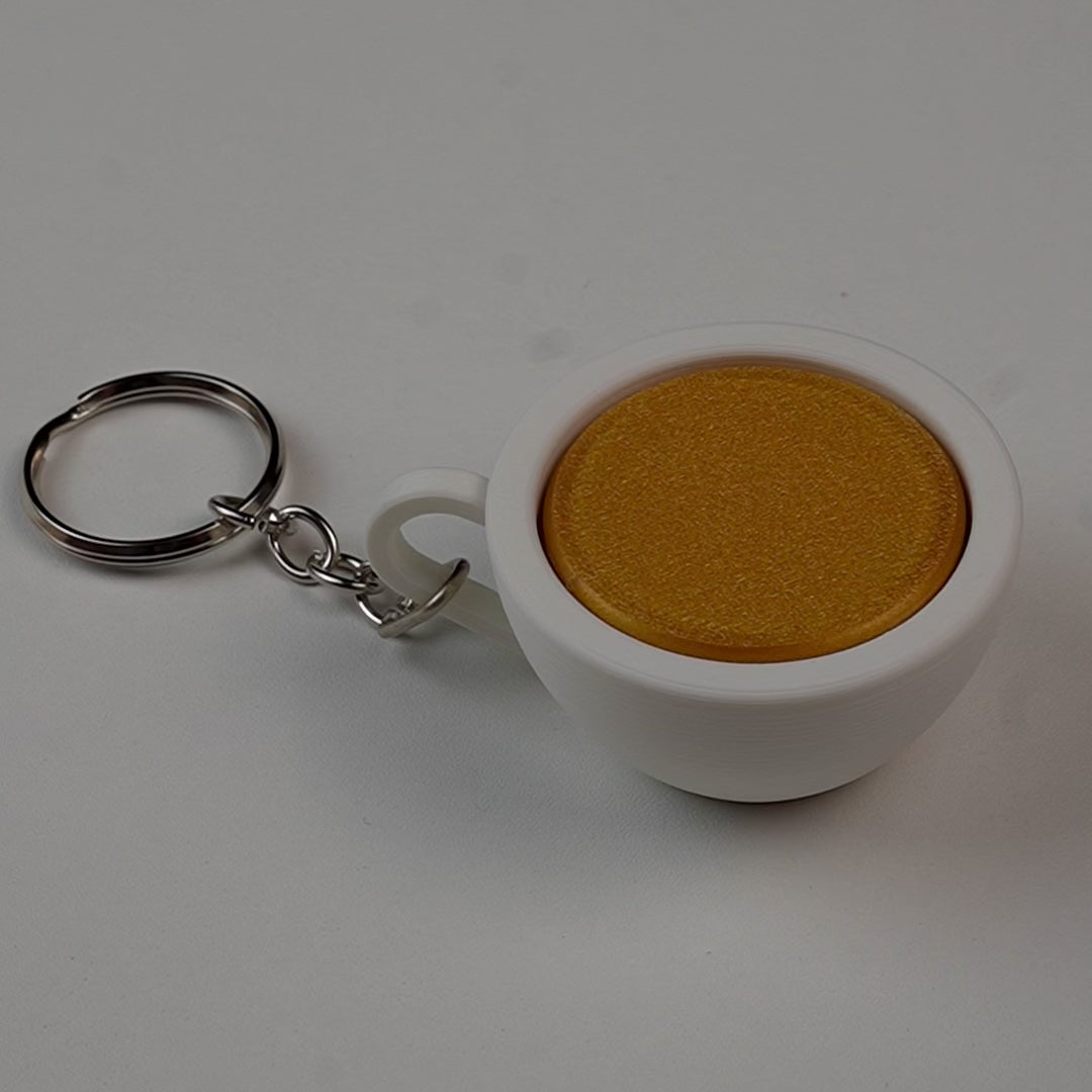 llavero antiestrés beetle print taza de café en uso presionando boton clicker