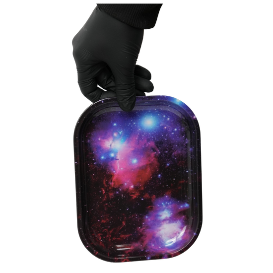 Video showcasing metal rolling tray with cosmic galaxy nebula design